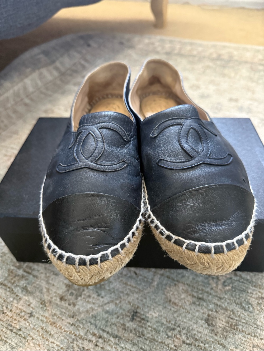 CHANEL Black Leather Espadrille Slip-Ons with Jute Sole